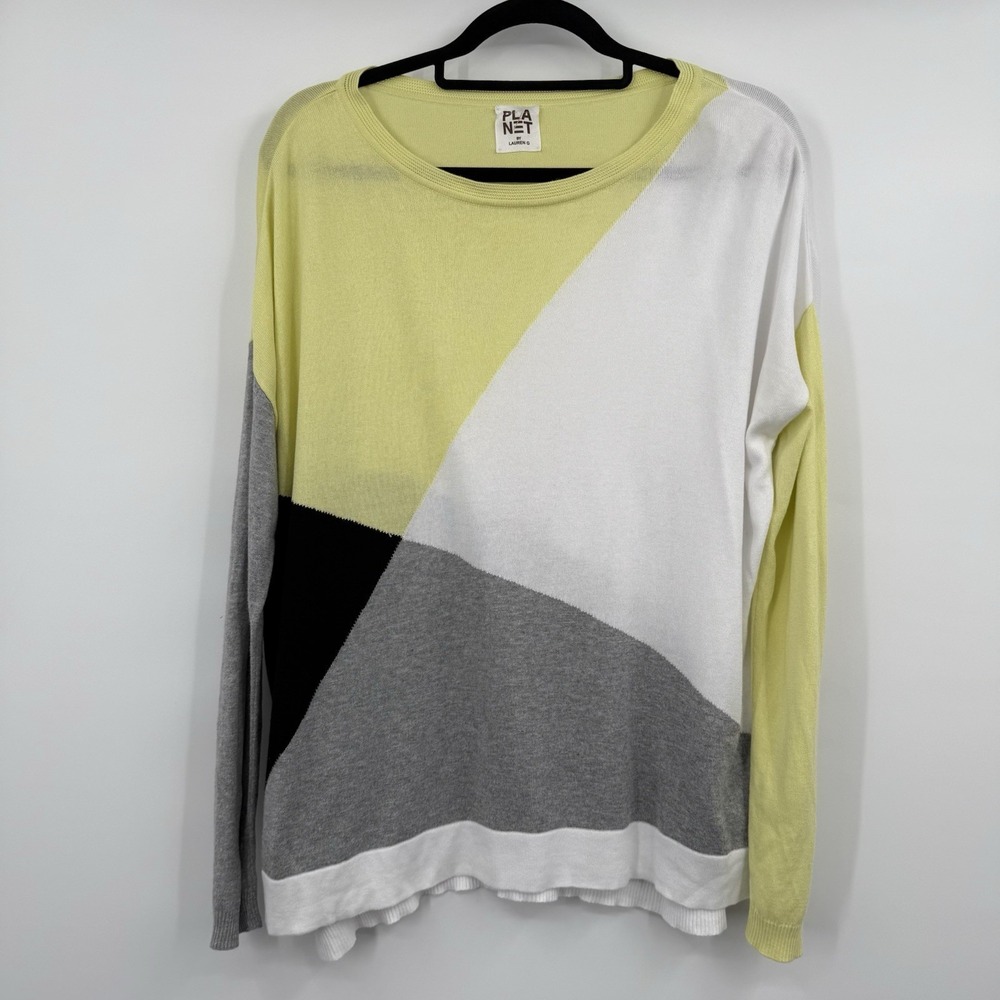 Planet Lauren G Sweater Womens OS Yellow Grey Geometric Modern Knit Boxy